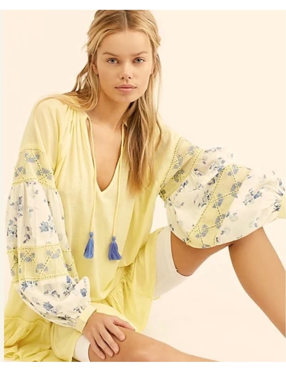 Free People Yellow Blue Floral Balloon Sleeve Tassel Tunic Top Oversized XS/S